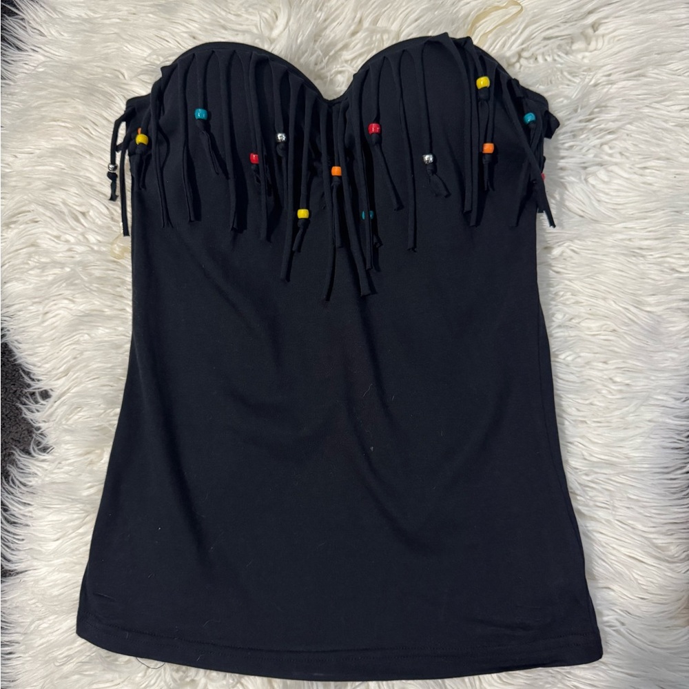 Black Strapless Top with Beaded Fringe